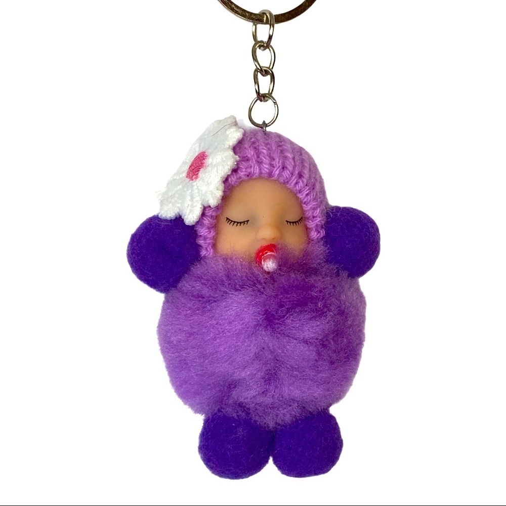 SLEEPY BABY WITH PACIFIER SMALL‎ POMPON IN PURPLE KEYCHAIN CHARM - Picture 2 of 6